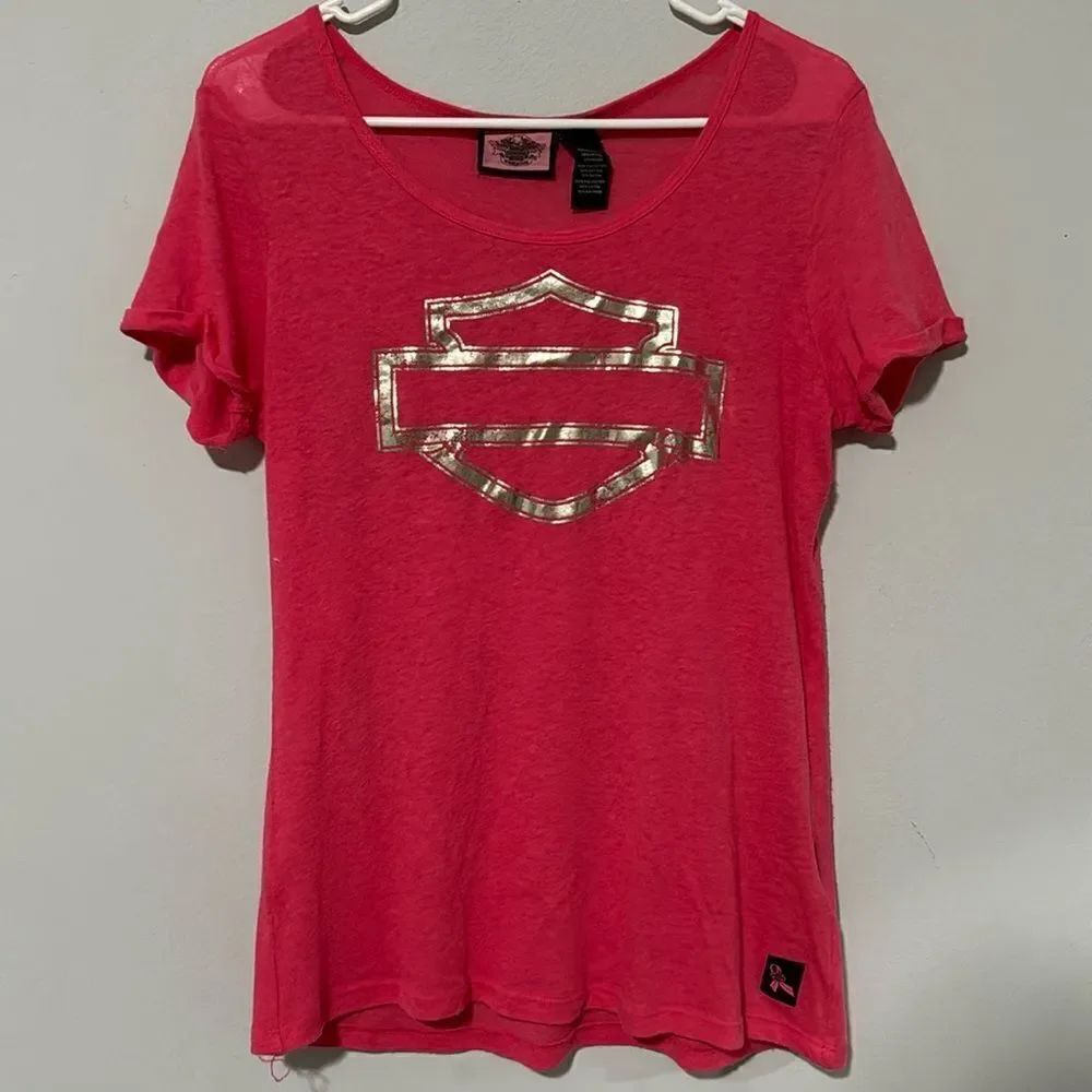 Vintage Y2K Harley-Davidson Breast Cancer Awareness Pink Metallic Logo Tee M